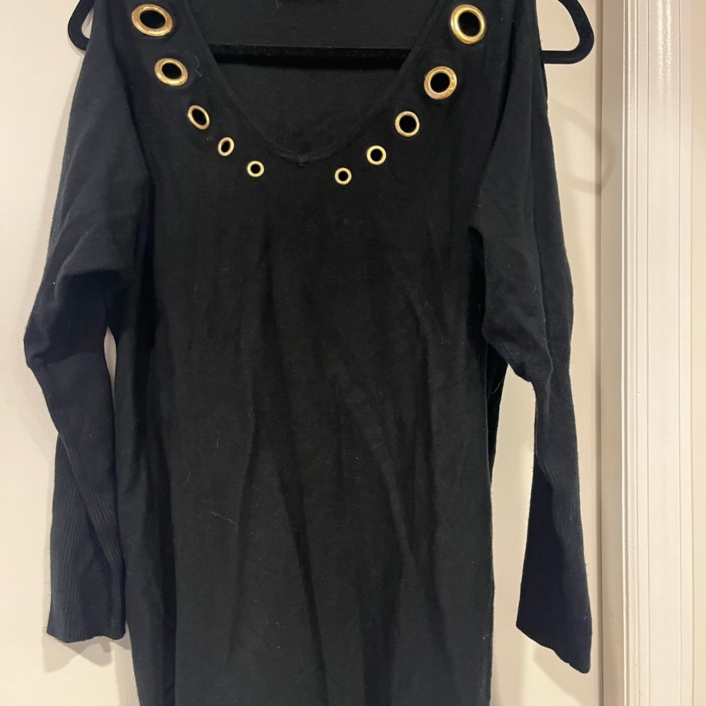 Black cold shoulder sweater with Gold Grommet Detail